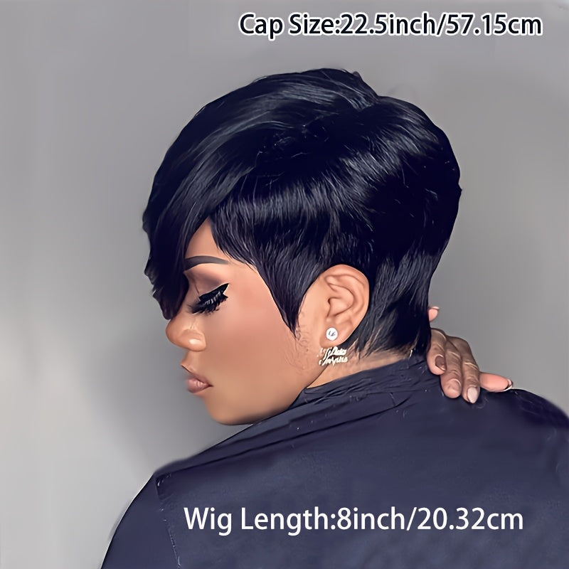Women' Short Pixie Cut Wig with Bangs - Virgin Hair Straight Black Wig Suitable for Skin Tones, Breathable Elastic Mesh Cap, Layered Density for Daily Wear & Parties, Comfortable Wig for Parties and Everyday Hairstyle