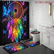 2D Flat, 2D Flat 4pcs Rainbow Dream Catcher Shower Curtain Set, Luminous Colorful Butterfly Rose Galaxy Bathroom — view 5
