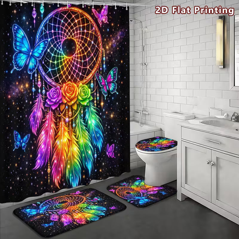 2D Flat, 2D Flat 4pcs Rainbow Dream Catcher Shower Curtain Set, Luminous Colorful Butterfly Rose Galaxy Bathroom — view 10