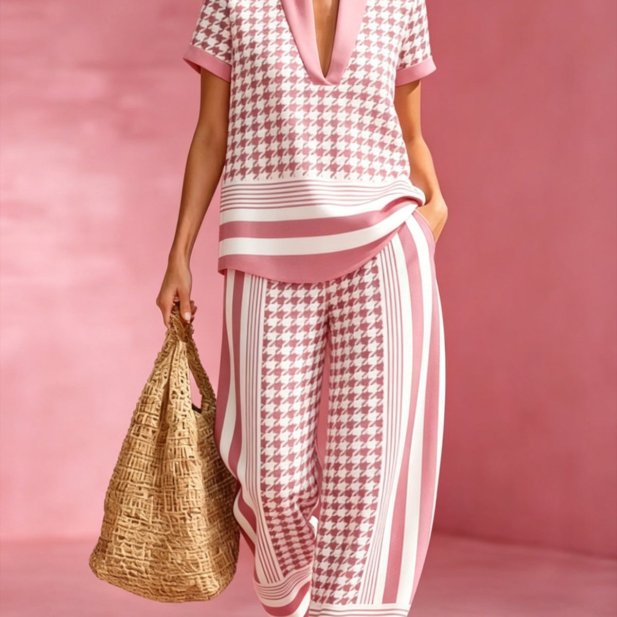 The Board Room Exit | Black & White Houndstooth V-Neck Top & Wide-Leg Pant Set — view 4 of 7