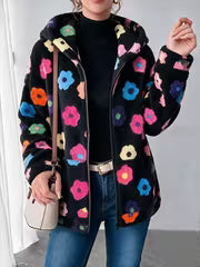 Plus Size - Sweet Cool Style Multicolor Small Floral Plush Coat Women'S Hooded Zipper Cardigan All-Match Printed — view 2