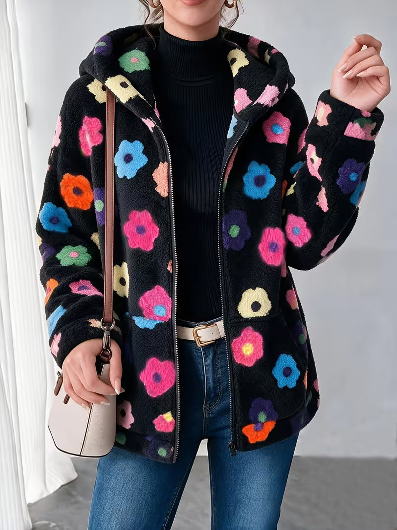 Plus Size - Sweet Cool Style Multicolor Small Floral Plush Coat Women'S Hooded Zipper Cardigan All-Match Printed — view 7