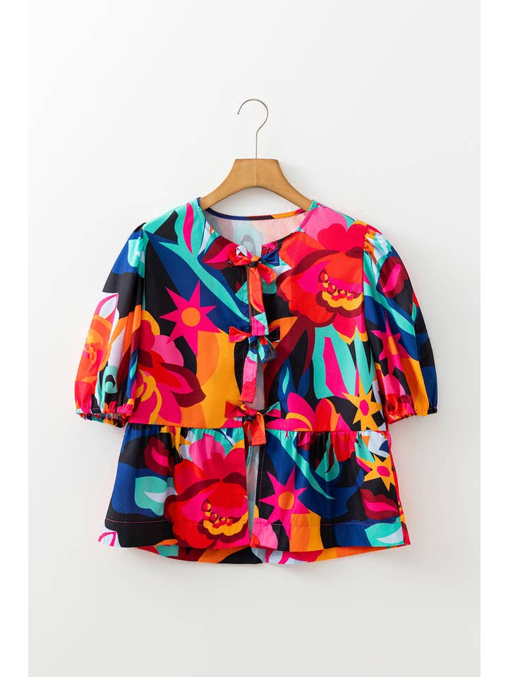 PRETTY BASH Floral Front Tie Puff Sleeve Blouse