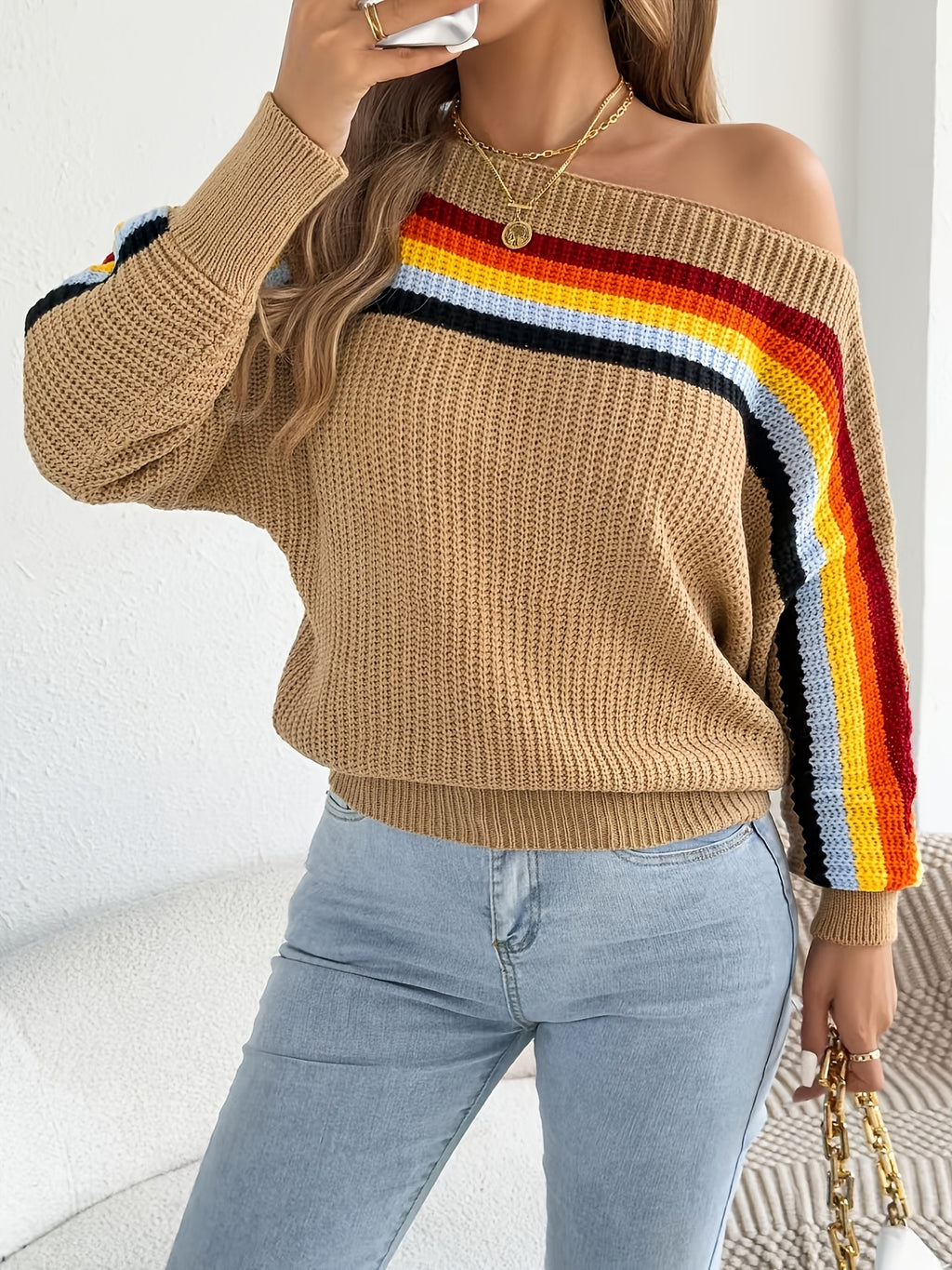 New Summer And Autumn Women'S Fashion Rainbow Striped Off-Shoulder Lantern Sleeve Sweater