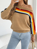 New Summer And Autumn Women'S Fashion Rainbow Striped Off-Shoulder Lantern Sleeve Sweater
