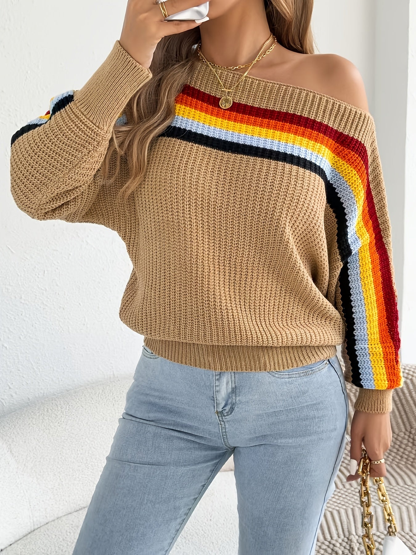 New Summer And Autumn Women'S Fashion Rainbow Striped Off-Shoulder Lantern Sleeve Sweater