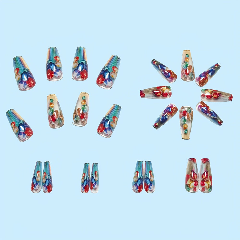 Upgrade Your Style, 24pcs of Chinese Ballet Fake Nails, Colored Gemstones Inlaid with Transparent Background Color Colorful Wearing Nail Design, Full Coverage of Bright Artificial Nail Art, Detachable Fake Nails