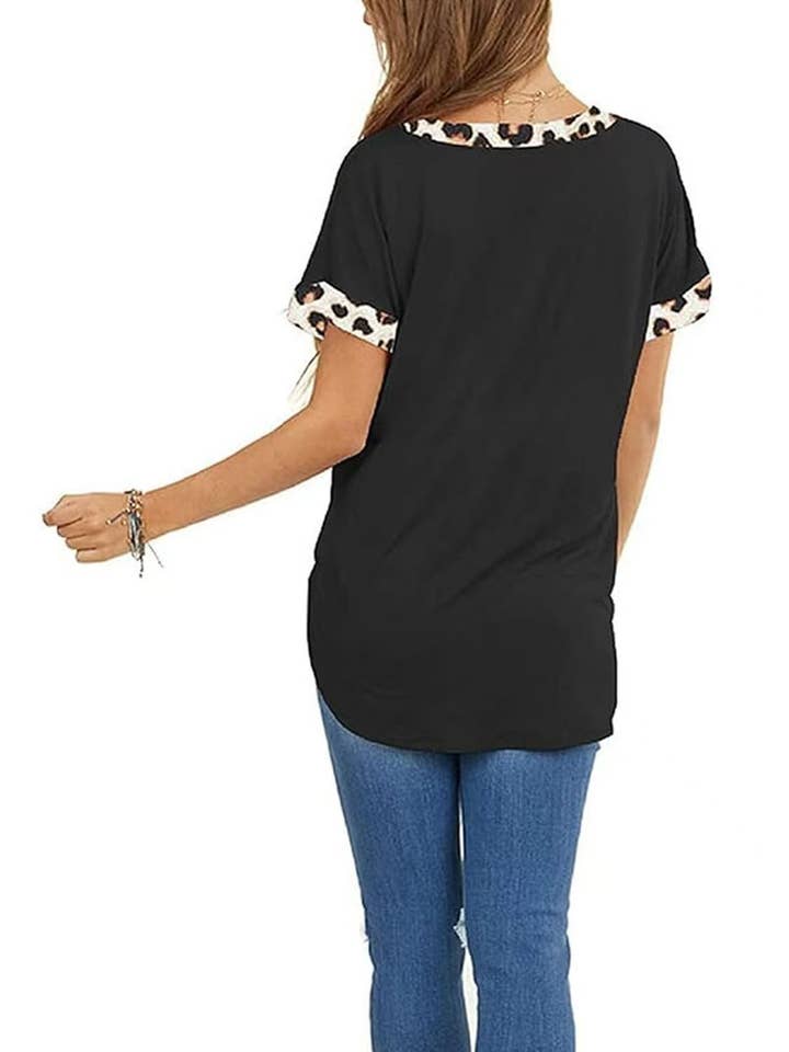 Loose Plus Size Leopard Print V-Neck Short Sleeve Top ZK3020