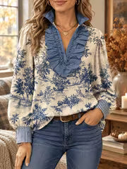 Women's French Vintage Blouse Shirt - Stand Collar V-Neck Toile De Jouy Print Lantern Sleeve Top with Ruffle — view 1