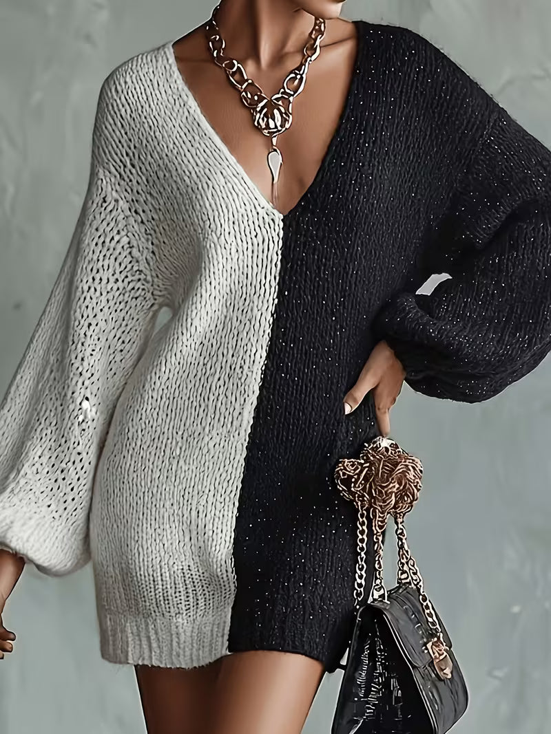 Elegant Color-Block Spliced Deep V-Neck Dress with Lantern Sleeves - Loose-Fit Long Dress Suitable for Home — view 7