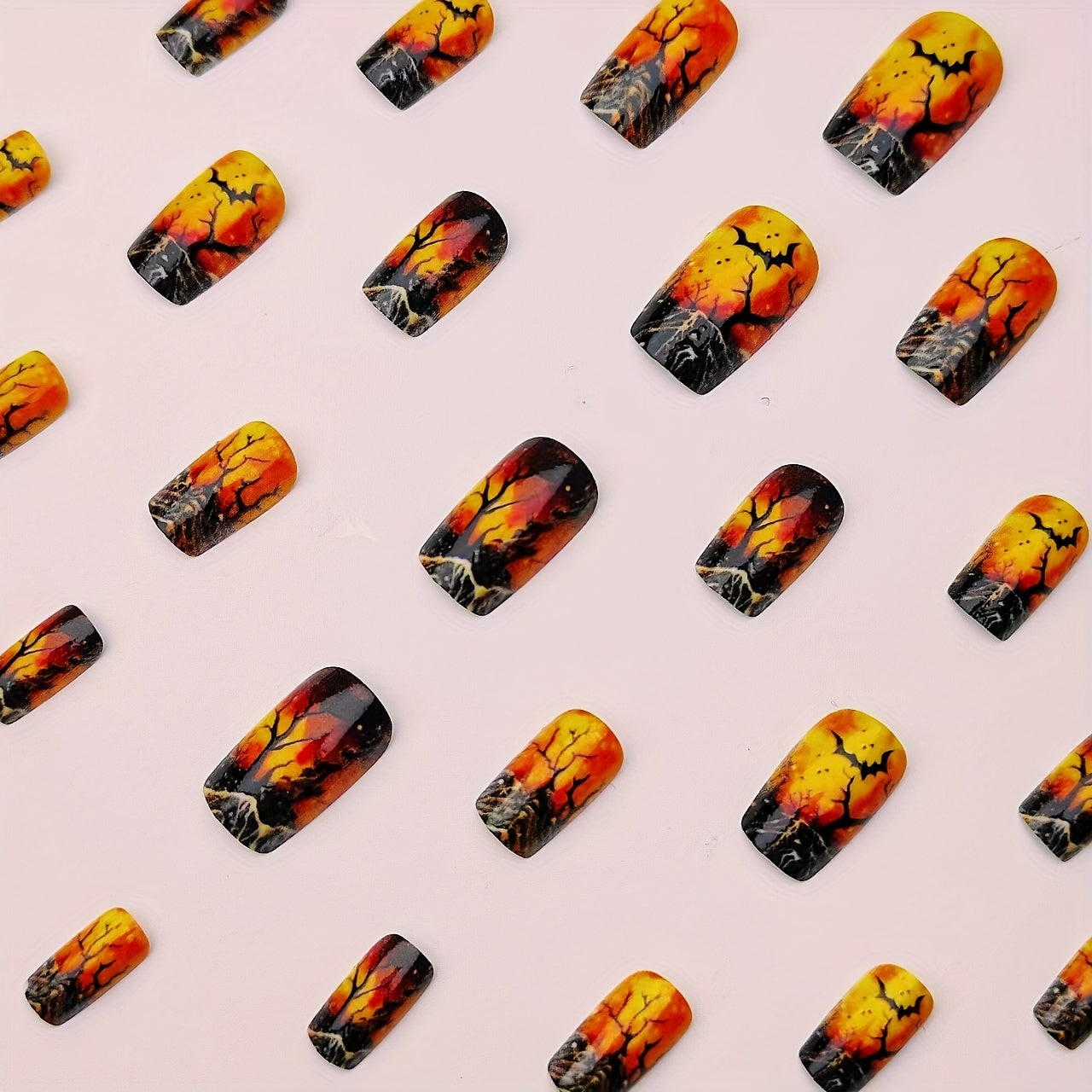 24pcs Halloween Press-On Nails - Black & Orange Tree Design with Bats, Moon & Snowflakes - Medium-Length Square Glossy Fake Nails for Halloween Parties, Reusable Detachable Nail Art, Halloween Decorations, Festive Party Accessories