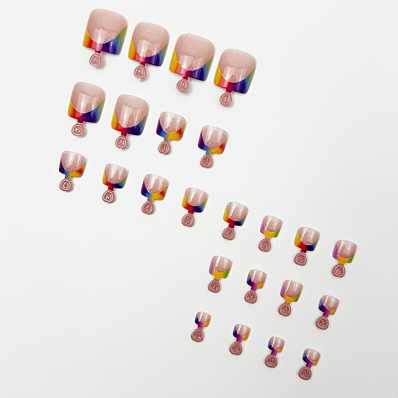 [24pcs Short Square Nails] Instant Charm Enhancement, 24pcs Short Square Nails, Fashionable Easy Rainbow Gradient French Toenails, Silvery Glitter Decoration, Spicy Nail Art, Ins Style Press-On Toenails, Fresh Easy Summer Nail Supplies