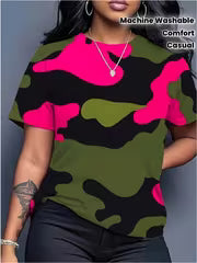 Oversized Women'S T-Shirt Featuring a 3D Camouflage Print in Pink, Green, Black, And White. This Casual Yet — view 1