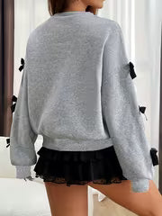 Women's Fashion Round Neck Solid Color Bow Tie Loose Fit Versatile Minimalist Design Long Sleeve Sweatshirt — view 3
