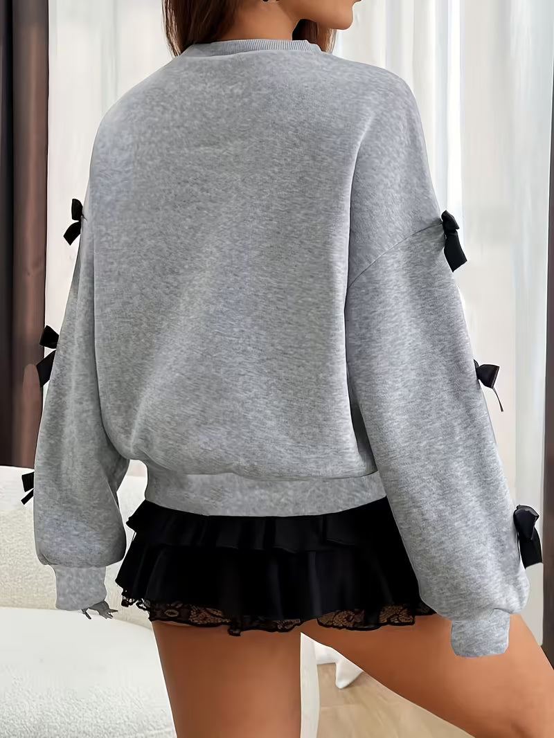 Women's Fashion Round Neck Solid Color Bow Tie Loose Fit Versatile Minimalist Design Long Sleeve Sweatshirt — view 4