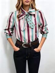 Striped Bow Tie Blouse with Contrast Collar And Cuffs, Suitable for Spring/Autumn Wear, Office Attire, Elegant — view 2