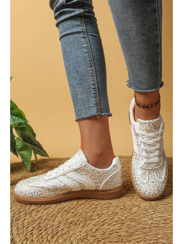 Ldc Leather Detail Shimmer Leopard Printed Lace-Up Sneakers
