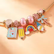 School-Themed Bracelet, Open-End Design with Notebook, Pencil, Rainbow Pen, and Bowknot Pendant, Adjustable — view 3