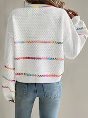 Women's Loose Crew Neck Sweater - Elegant Color Striped Pullover, Soft Polyester, Relaxed Style for Casual or — view 5