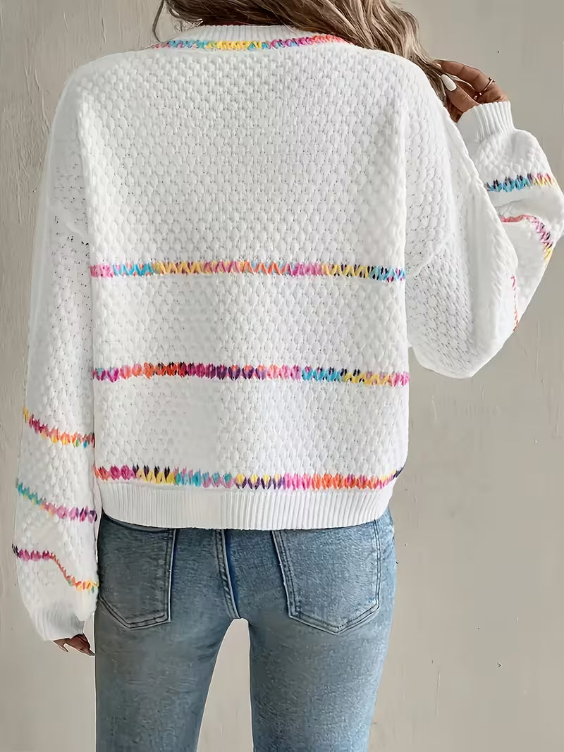 Women's Loose Crew Neck Sweater - Elegant Color Striped Pullover, Soft Polyester, Relaxed Style for Casual or — view 6