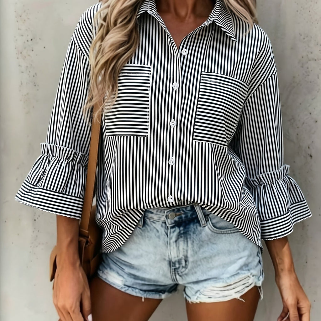 Spring/Summer Striped Commuter Shirt for Women with Ruffle