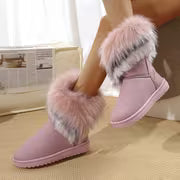 Women'S Winter Thick faux fur-Trimmed Snow Boots, Sandblasted, Warm Mid-Calf Boot, Multi-Color Fringe Trim — view 3