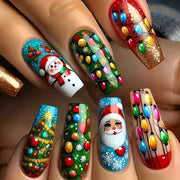 Christmas Nail Stickers, Long Ballet Shape Santa Claus Pattern False Nail Patches, Removable 24pcs Nail Art for — view 1