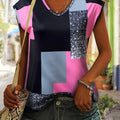 Vibrant Color Block Plaid Crew Neck T-Shirt - Soft Dacron