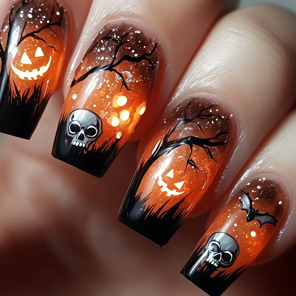 Halloween Medium Length Orange Dark Night Forest Horror Skull Head 24pcs Press-On Nails