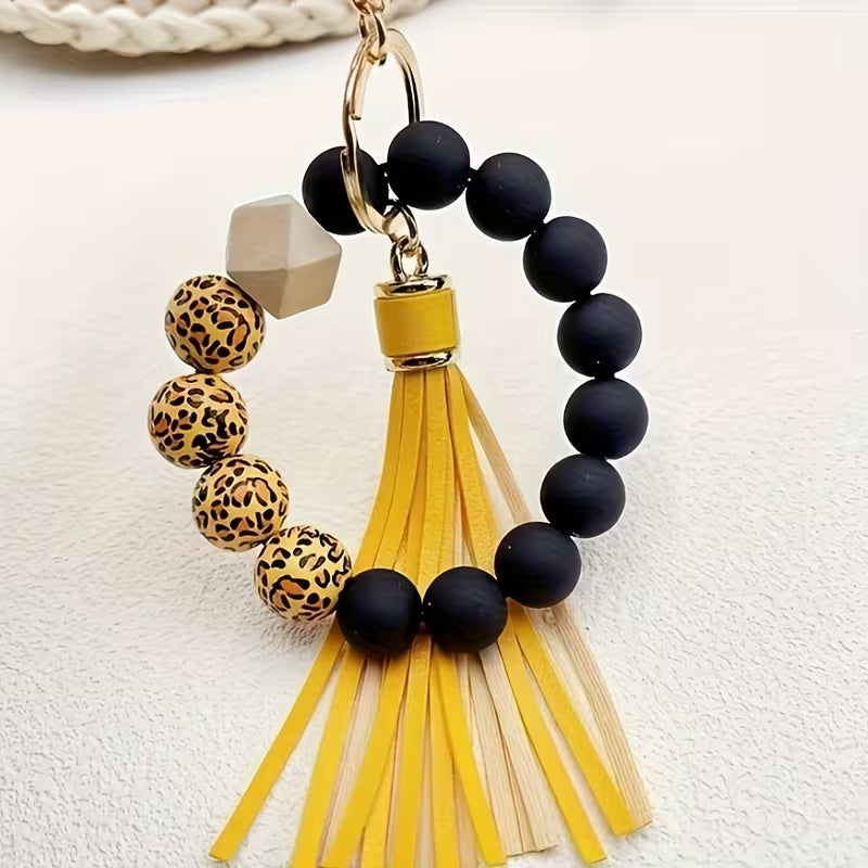 [Leopard Print Keychain] Creative Hot Selling Black Leopard Print White Background Wooden Beads 14Mm Rubber — view 16