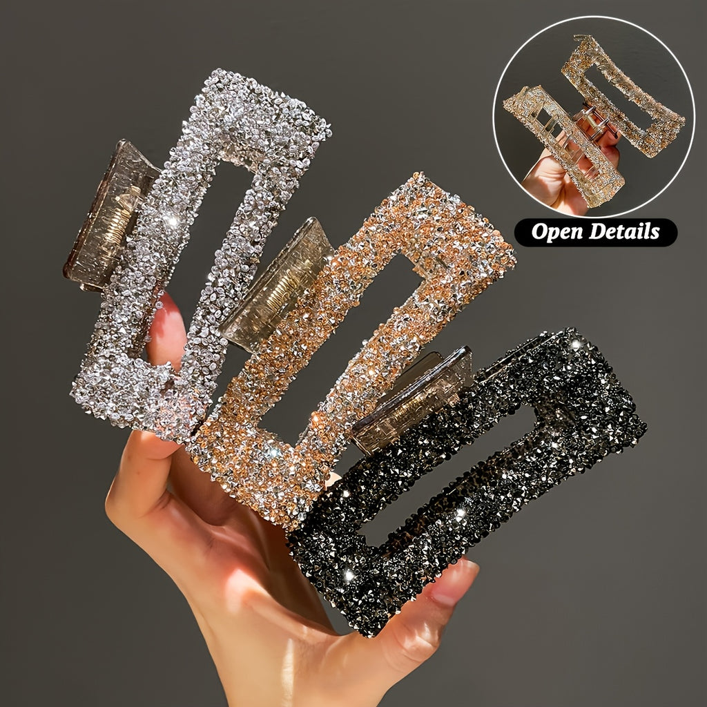 3pcs Set Women's Square Rhinestone Hair Clips, Trendy Rectangular Hair Claws, Suitable for Daily Office Wear, Multi-Functional Back Hair Accessories