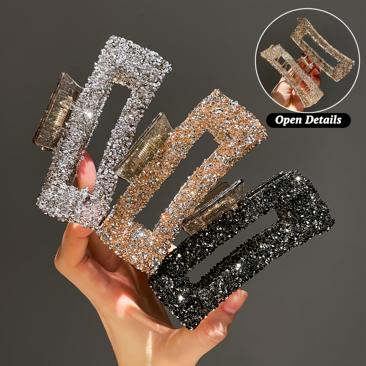3pcs Set Women's Square Rhinestone Hair Clips, Trendy Rectangular Hair Claws, Suitable for Daily Office Wear, Multi-Functional Back Hair Accessories