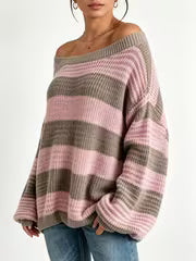 Women Off-Shoulder Striped Sweater Fall Lazy Style Oversized Drop Shoulder Long Sleeve Pullover Casual — view 3