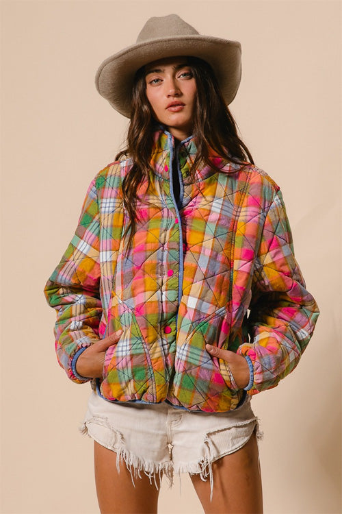 Vintage Plaid Quilted Jacket with Pockets-Orange Green and Yellow