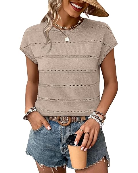 Womens Summer Tops Crewneck Short Sleeve Hollow Out Sweaters Dressy Casual Blouses, Work Office Shirts, All Year — view 10