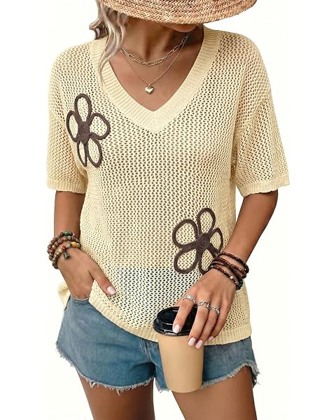 Womens Summer Tops Crewneck Short Sleeve Hollow Out Sweaters Dressy Casual Blouses, Work Office Shirts, All Year — view 12