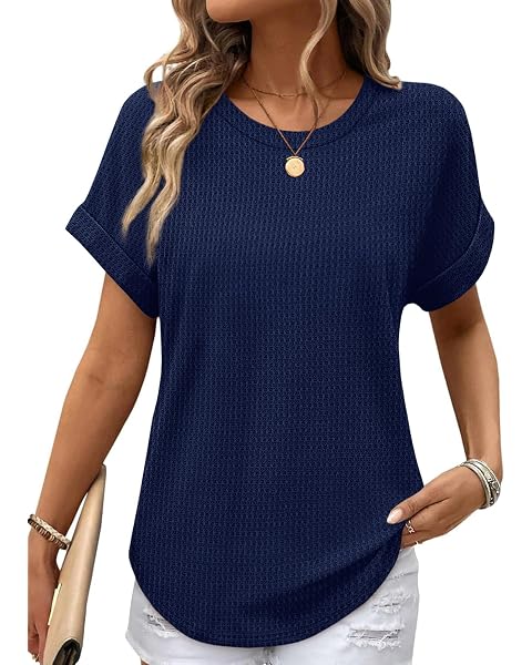 Womens Summer Tops Crewneck Short Sleeve Hollow Out Sweaters Dressy Casual Blouses, Work Office Shirts, All Year — view 4