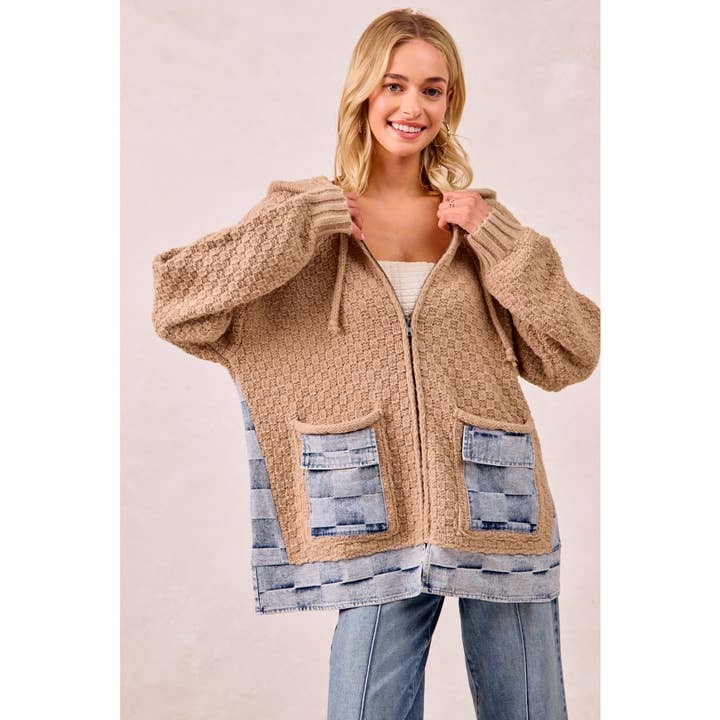 Washed Checker Denim Mix and Match Sweater Hoodie