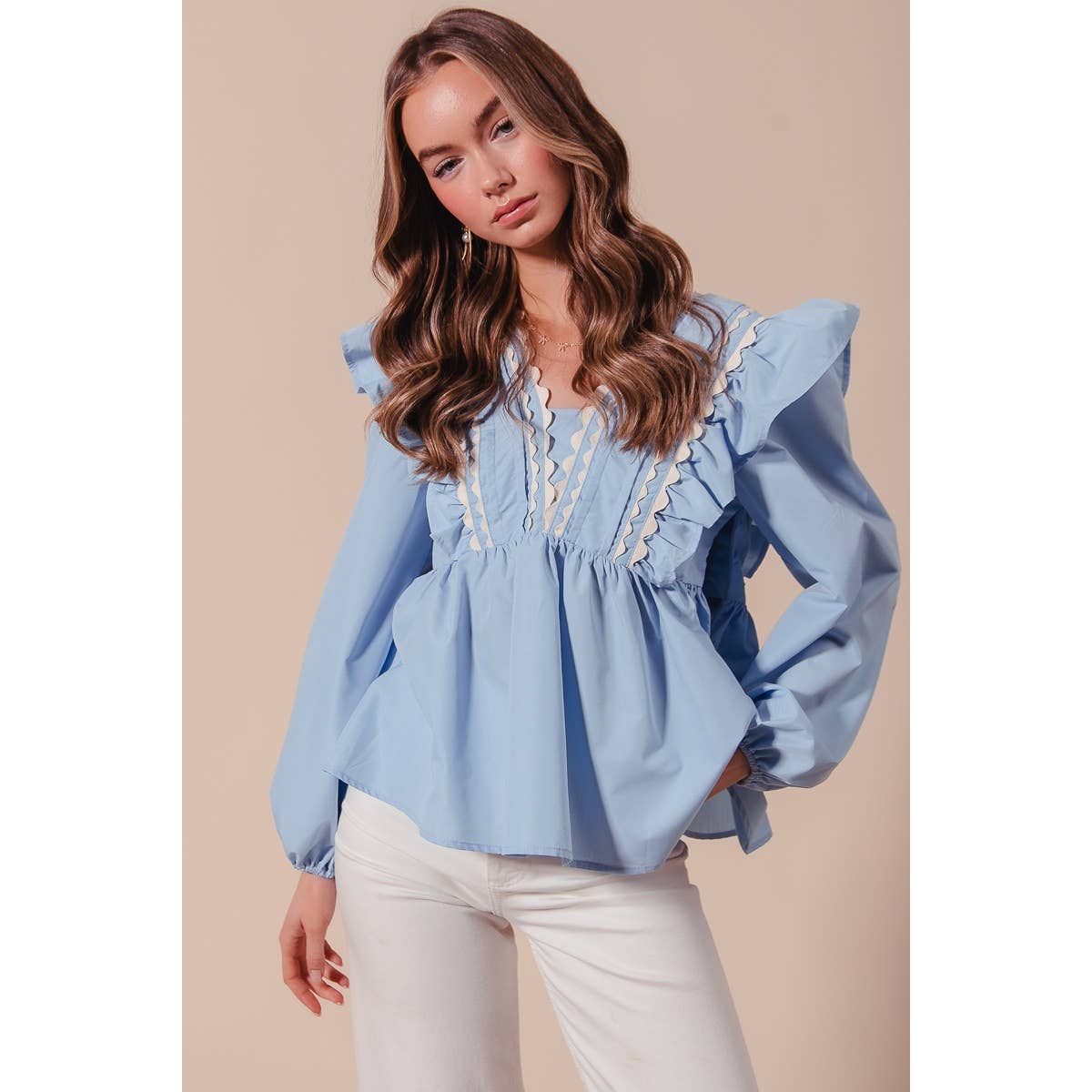 Solid Woven Long Sleeve Top with Wave Trim