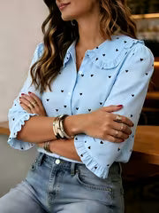 Women'S Heart Print Short Sleeve Blouse with Peter Pan Collar And Ruffled Cuffs — view 8