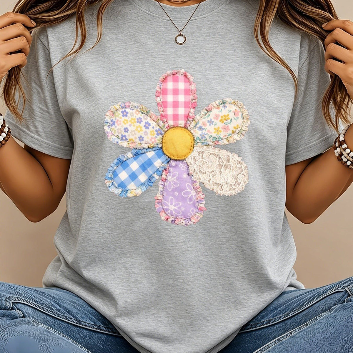 Faux Patchwork Flower Shirt Floral Faux Quilted Graphic