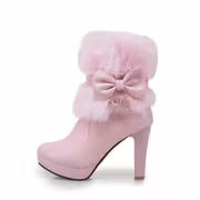 Ladies' Footwear, Cozy, Elevated Heels, Short Boots, Plush, Ribbon Detail, Adornment, Weather-Resistant, Trendy — view 2