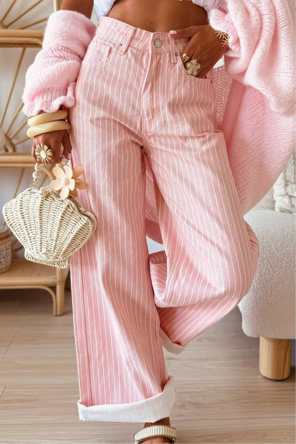 Women's Stripe Button High Waist Wide Leg Jeans