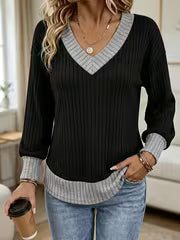 Autumn Winter New Contrast V-Neck Ribbed Top Women'S Loose Long Sleeve Base Layer Casual Commute Sweater — view 3