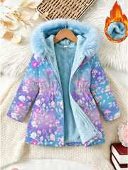 Autumn Winter New Girls' Fleece Hooded Jacket, Floral Print Gradient Blue Purple Windproof Warm Lined Outdoor — view 3
