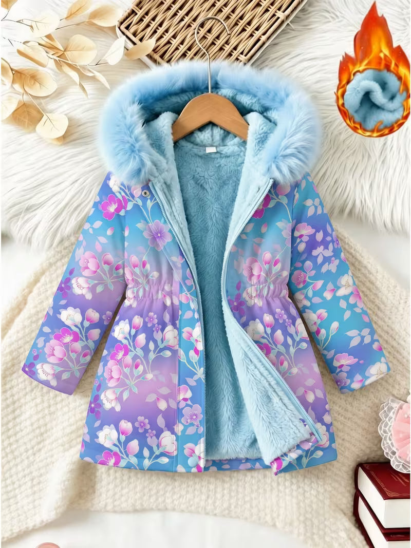 Autumn Winter New Girls' Fleece Hooded Jacket, Floral Print Gradient Blue Purple Windproof Warm Lined Outdoor — view 4