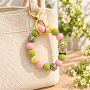 Garden Gnome Silicone Beaded Wristlet Keychain, Pink & Sage Green Floral Bead Key Ring, Car Key Holder and Bag — view 4