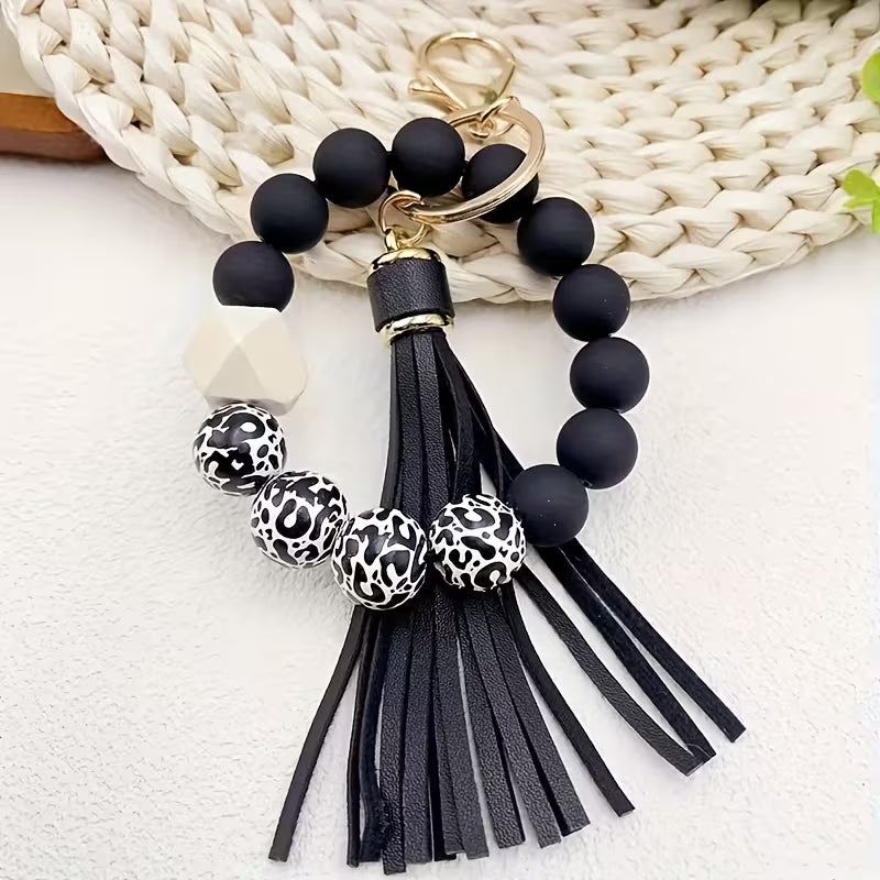 [Leopard Print Keychain] Creative Hot Selling Black Leopard Print White Background Wooden Beads 14Mm Rubber — view 20
