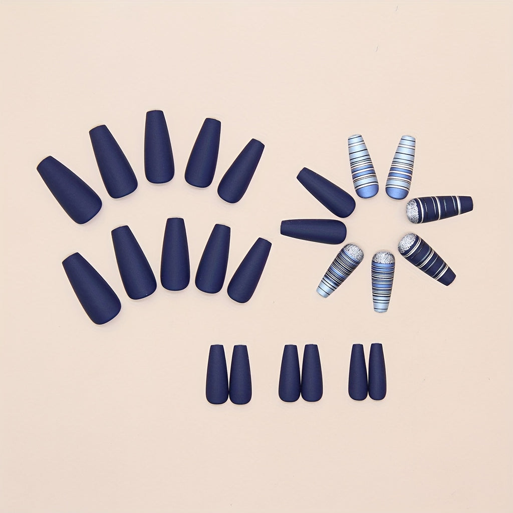 Full Set of 24 Long Ballet-Shaped Fake Nails - Featuring a Cool Retro Striped Glitter Matte Blue Design, Frosted Surface