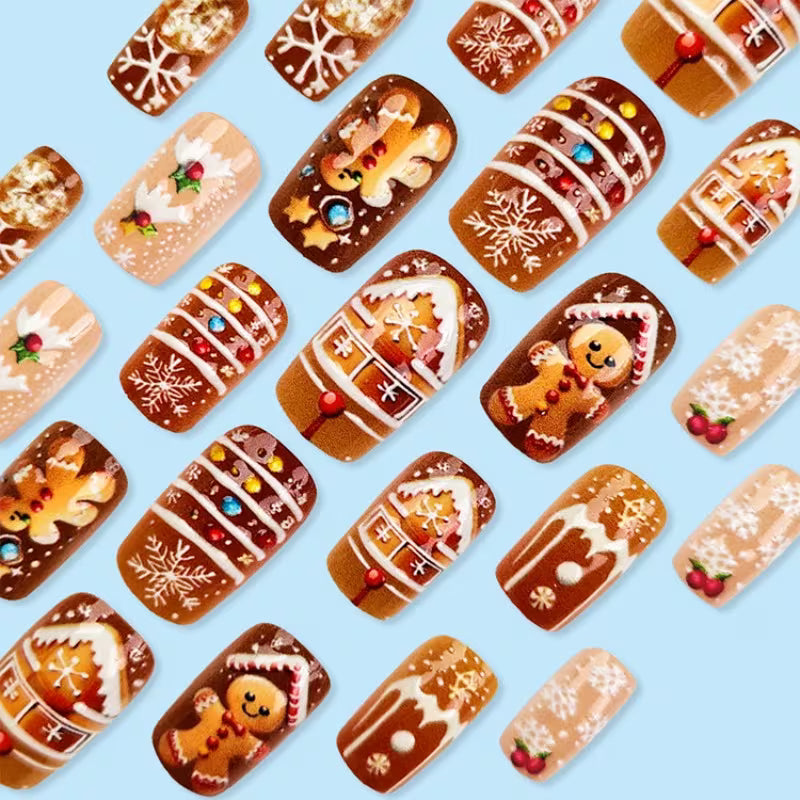 48pcs Christmas Gingerbread for Man & House Press On Nails Suitable for Nail Art, 3D Raised Gingerbread Characters, Retro Brown Base with Snowflake Designs, False Nails for Holiday Parties, Winter Nail Decorations
